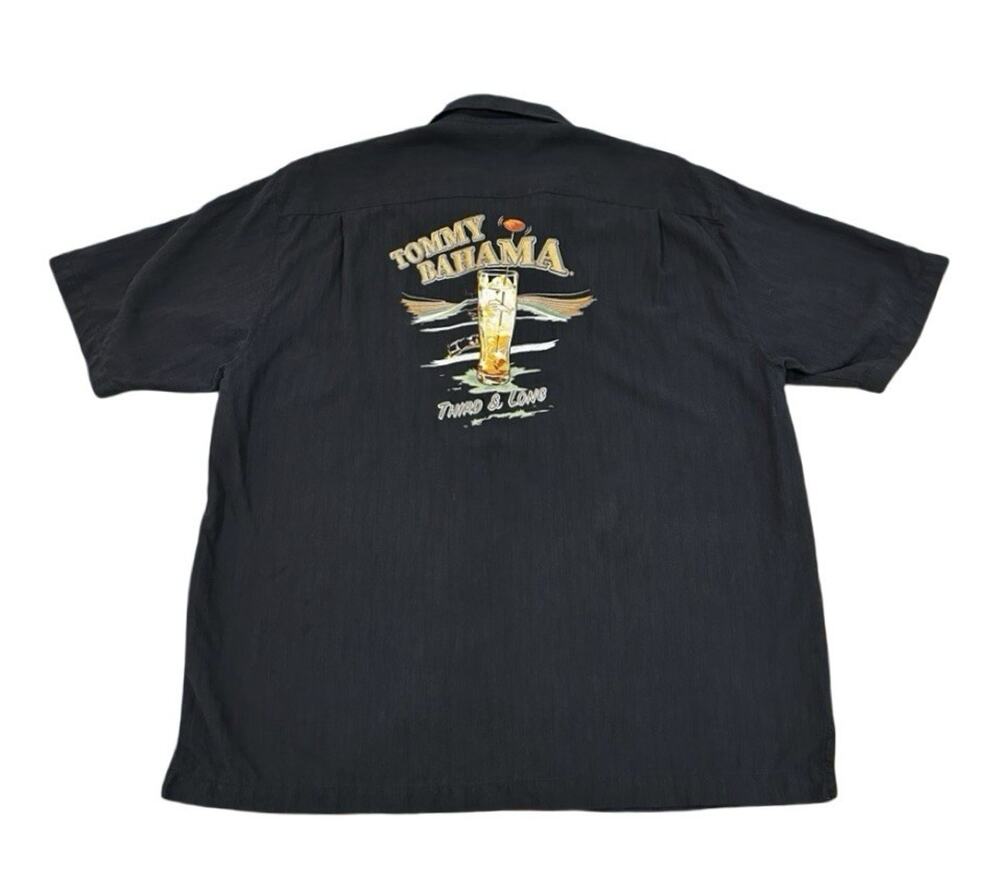 Tommy Bahama Mens Short Sleeve Silk Shirt XL Black Football Cocktail Embroidered